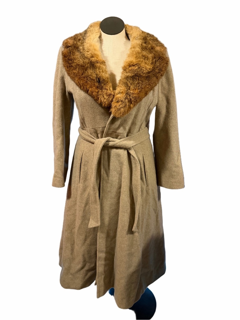 VINTAGE ORIGINAL BY MICHELLE Tan wool Coat with Faux Fur collar tie waist